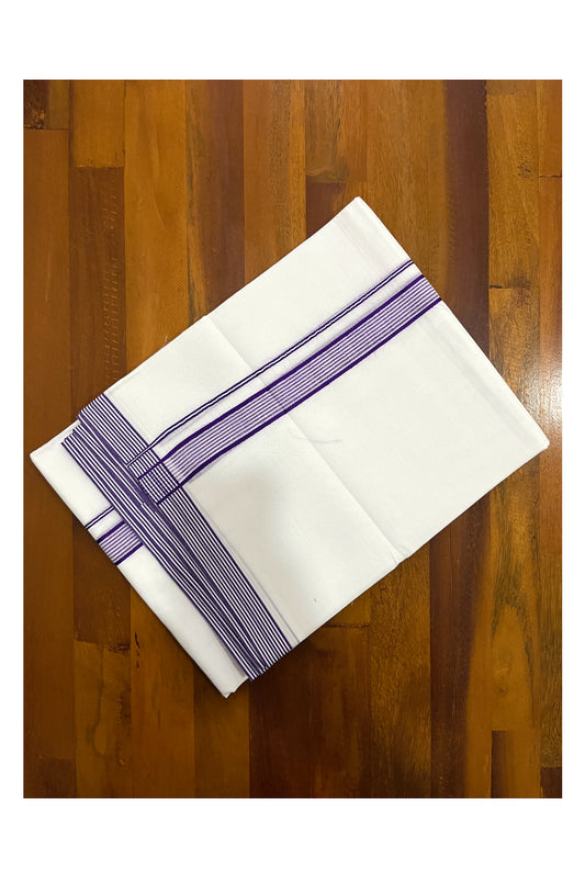 Pure White Cotton Double Mundu with Violet Lines Border (South Indian Dhoti)