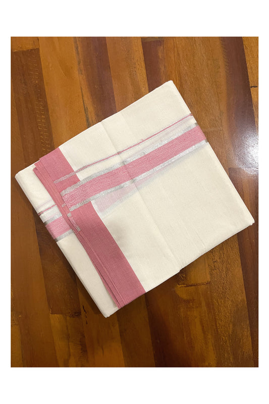 Pure Cotton Off White Double Mundu with Silver Kasavu and Brick Red Border (South Indian Dhoti)