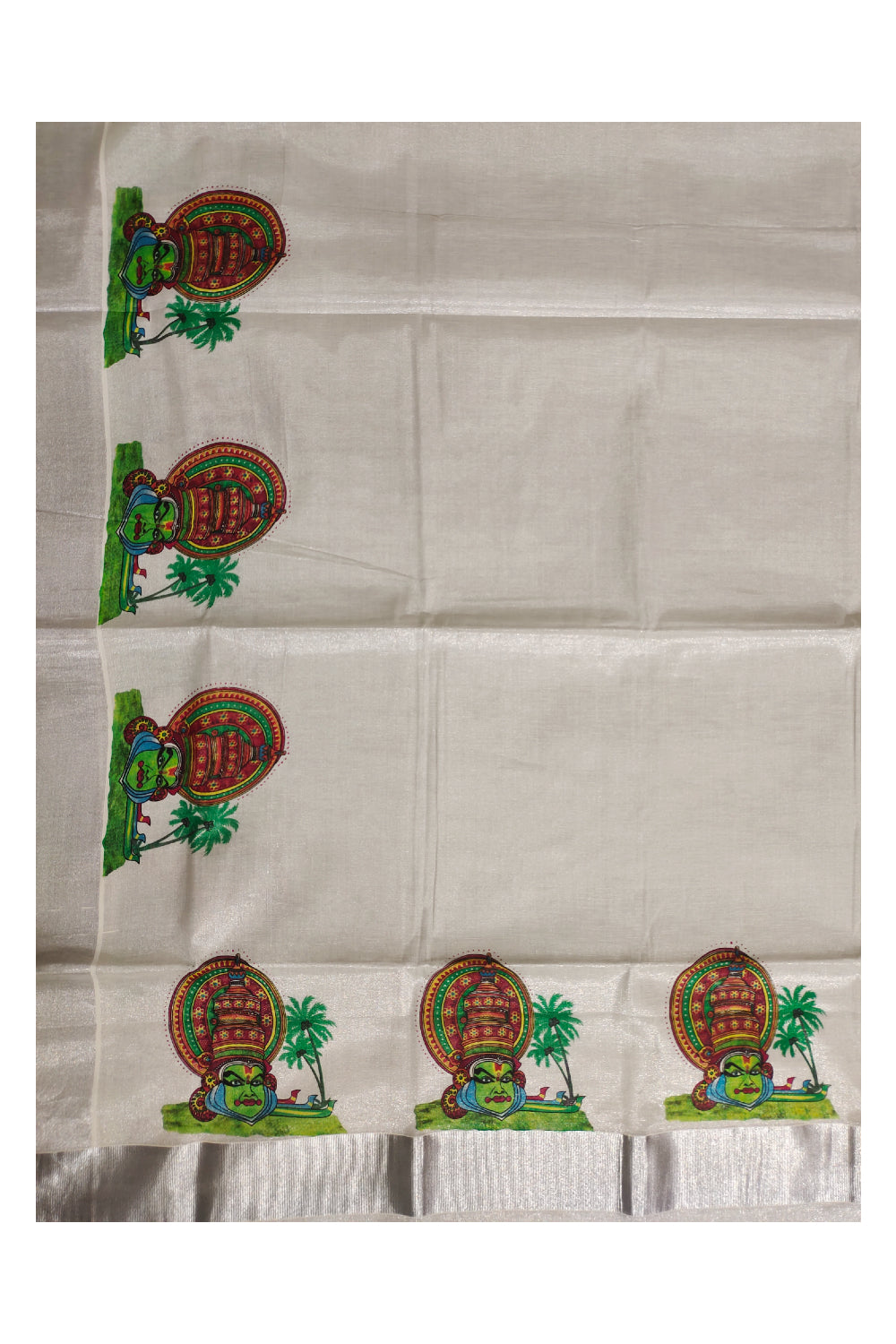 Kerala Silver Tissue Kasavu Onam Saree with Mural Printed Kathakali Design