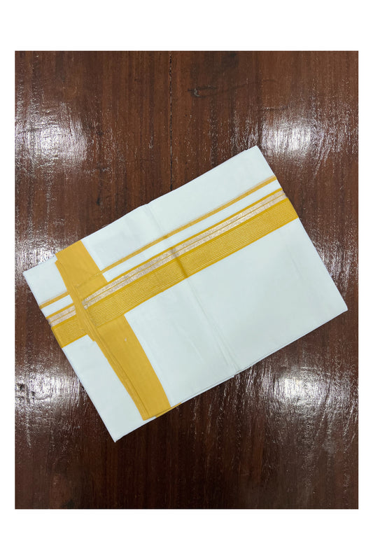 Pure White Cotton Double Mundu with Silver Kasavu and Yellow Border (South Indian Dhoti)