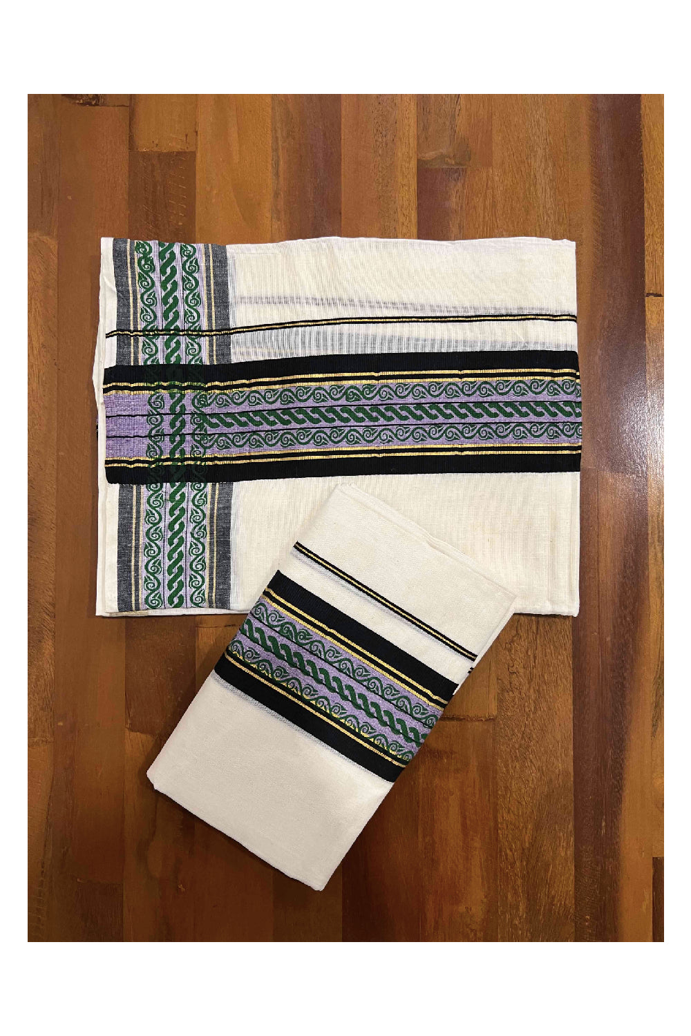 Kerala Cotton Set Mundu (Mundum Neriyathum) with Kasavu Black and Green Block Print Border