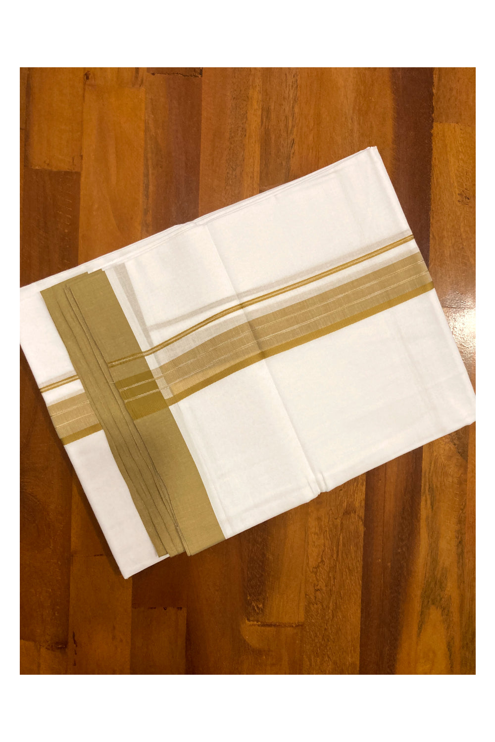 Pure White Cotton Double Mundu with Olive Green Border (South Indian Dhoti)