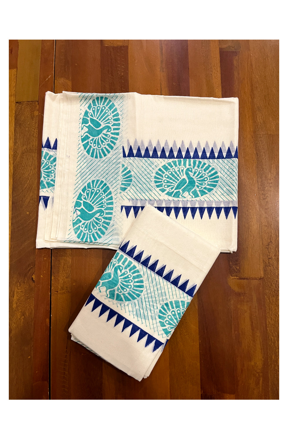 Kerala Cotton Set Mundu (Mundum Neriyathum) with Turquoise Peacock Block Prints and Blue Temple Border