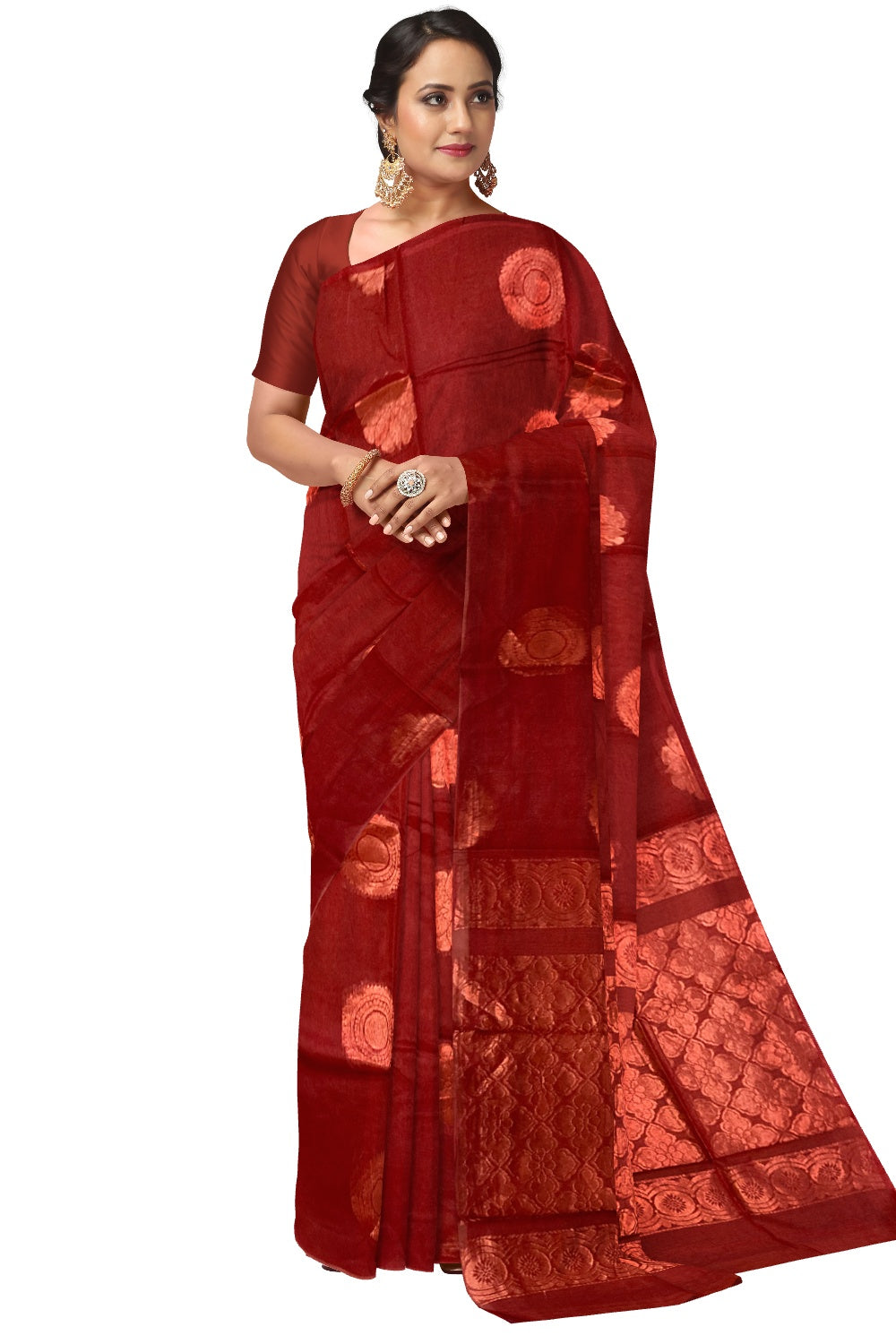 Southloom Cotton Silk Borderless Dark Orange Designer Saree with Zari Motifs