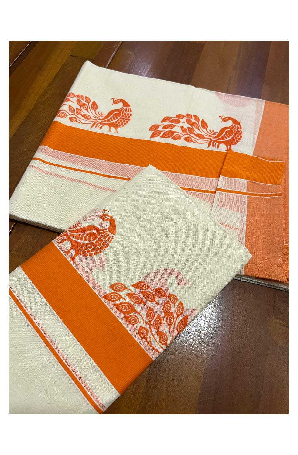 Kerala Cotton Set Mundu (Mundum Neriyathum) with Orange Block Prints Border