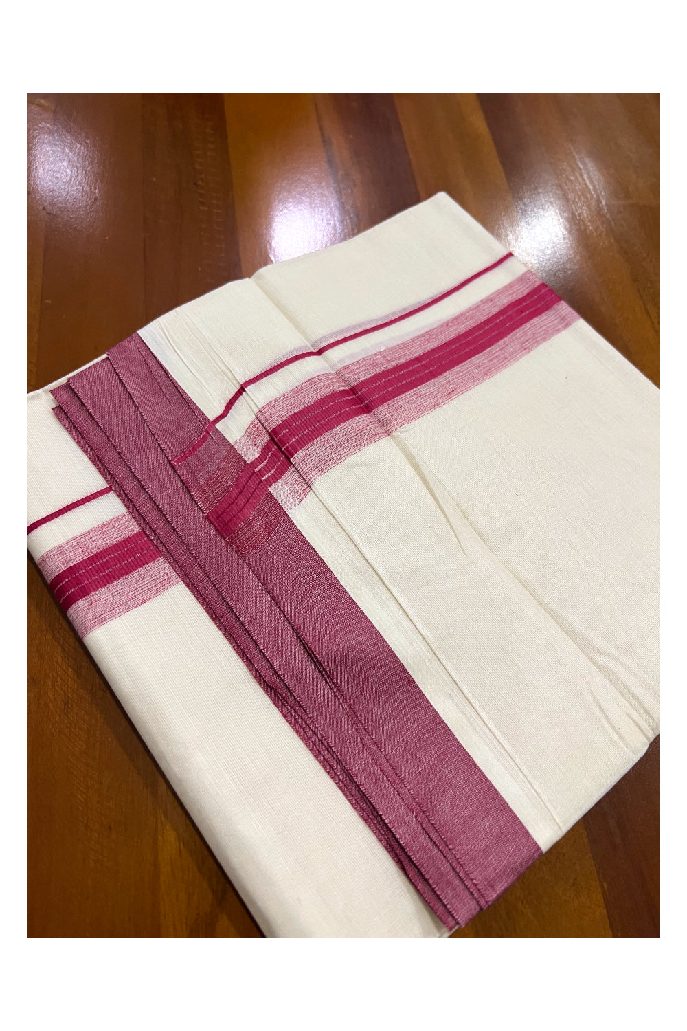 Pure Cotton Off White Double Mundu with Dark Pink Border (South Indian Dhoti)