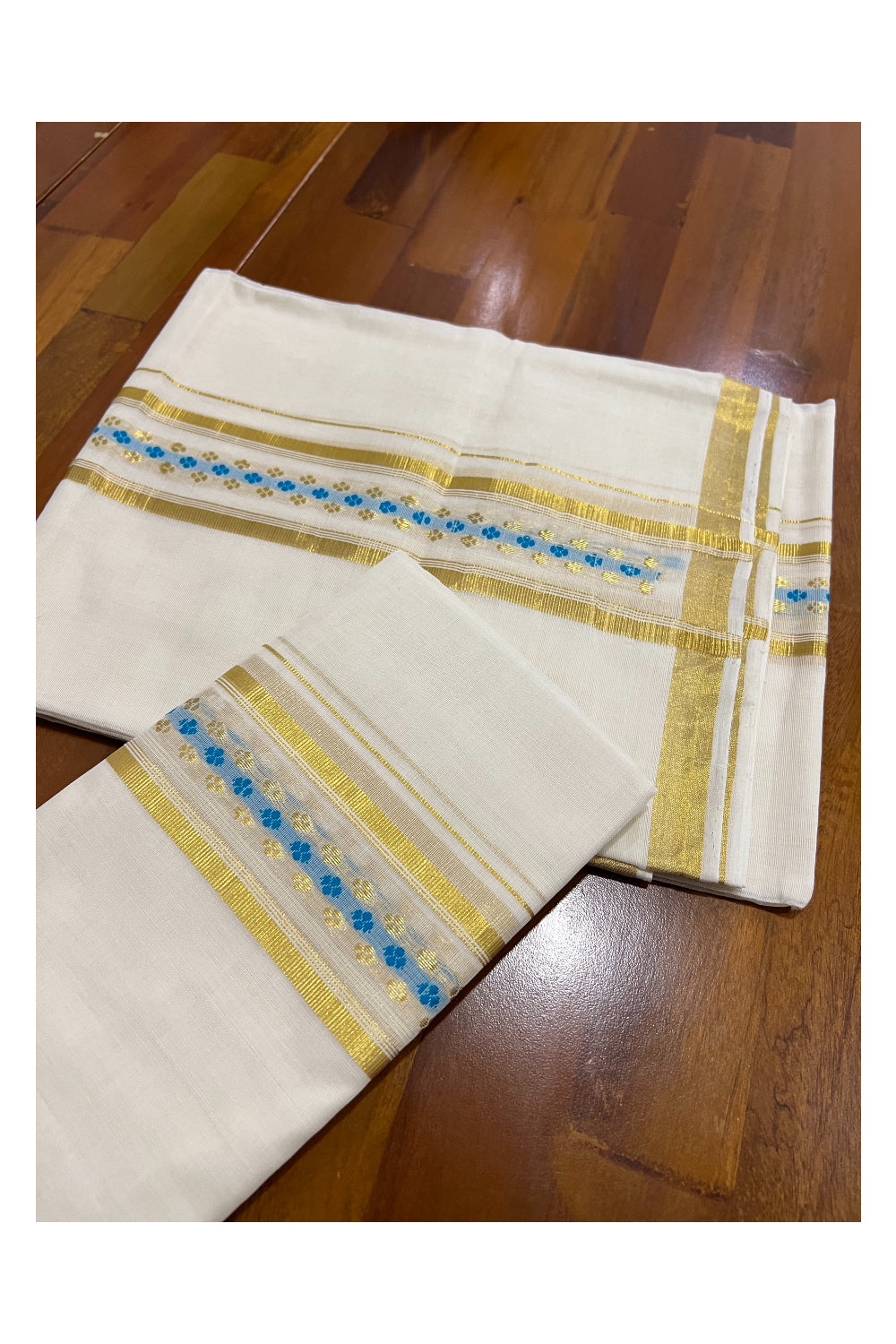 Southloom Handloom Premium Cotton Set Mundu with Kasavu Woven Work on Border (Light Blue Woven Dots)