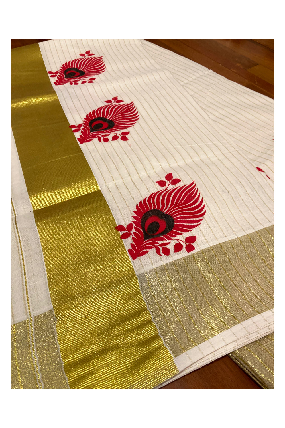 Pure Cotton Kerala Kasavu Lines Saree with Red and Black Block Prints on Border