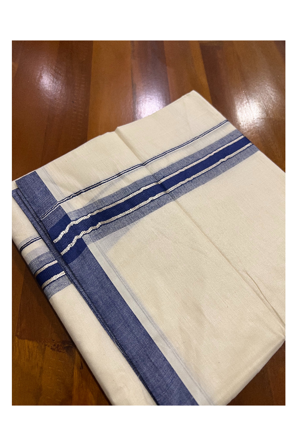 Pure Cotton Off White Double Mundu with Silver Kasavu and Dark Blue Border (South Indian Dhoti)