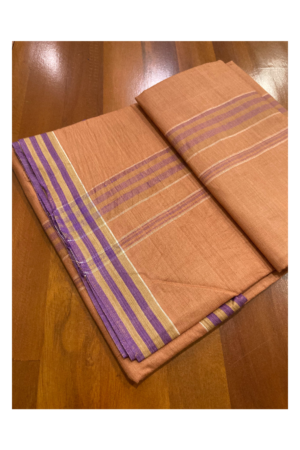 Southloom Premium Handloom Dark Saffron Solid Single Mundu (Lungi) with Violet Border