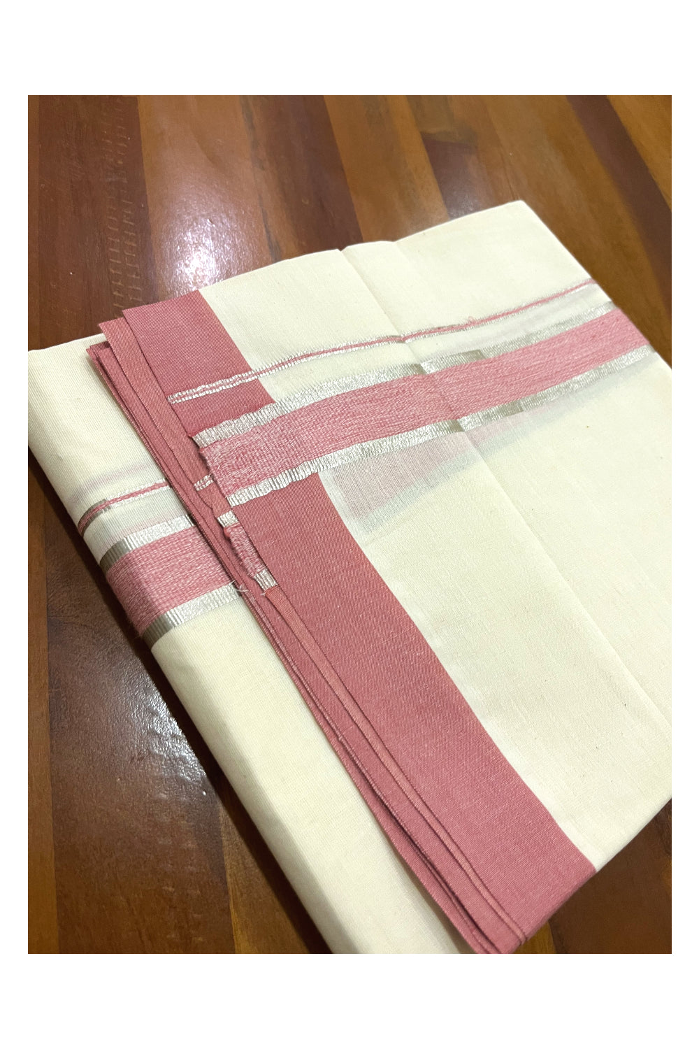 Pure Cotton Off White Double Mundu with Silver Kasavu and Brick Red Border (South Indian Dhoti)