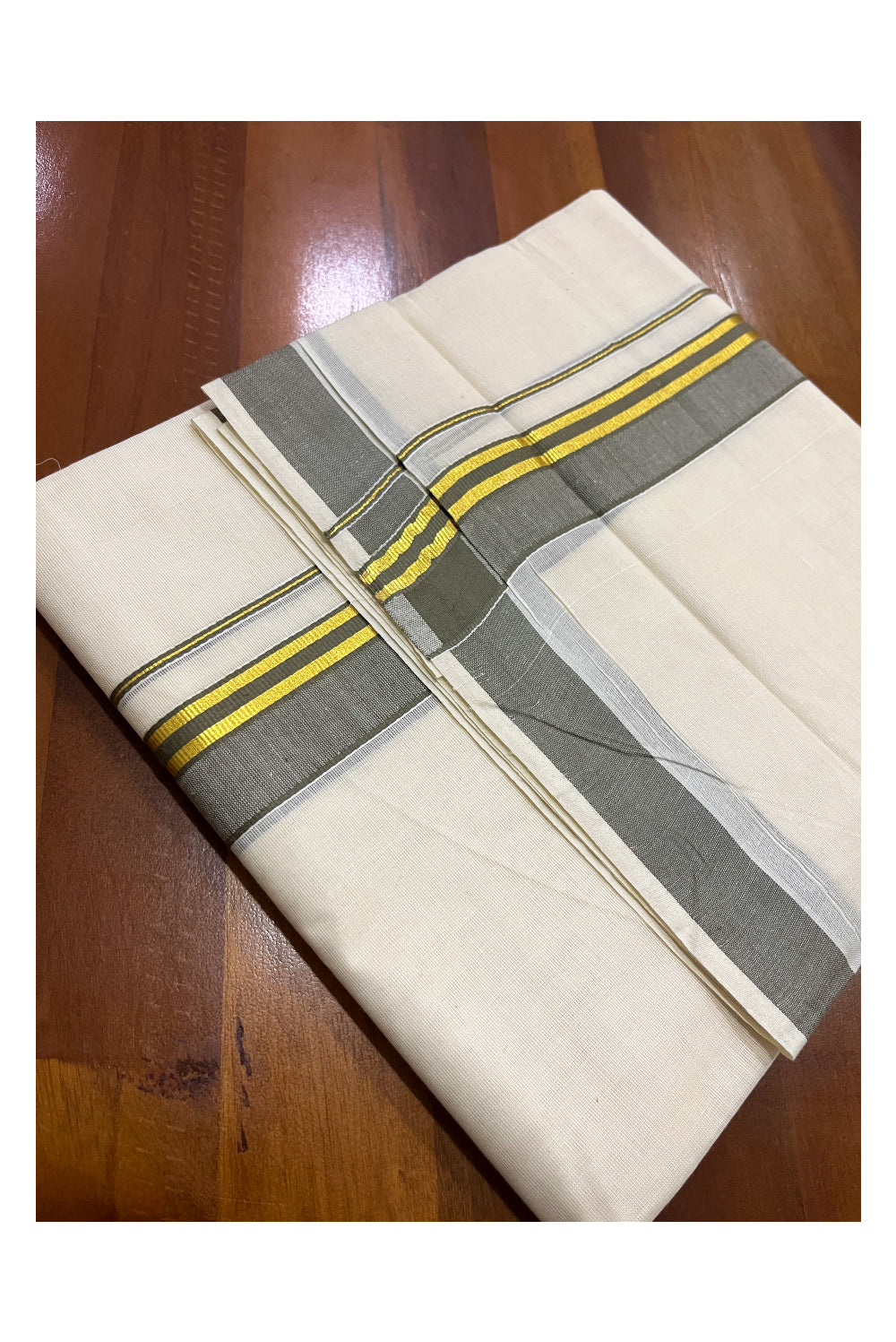 Pure Cotton Off White Double Mundu with Grey and Kasavu Kara (South Indian Dhoti)