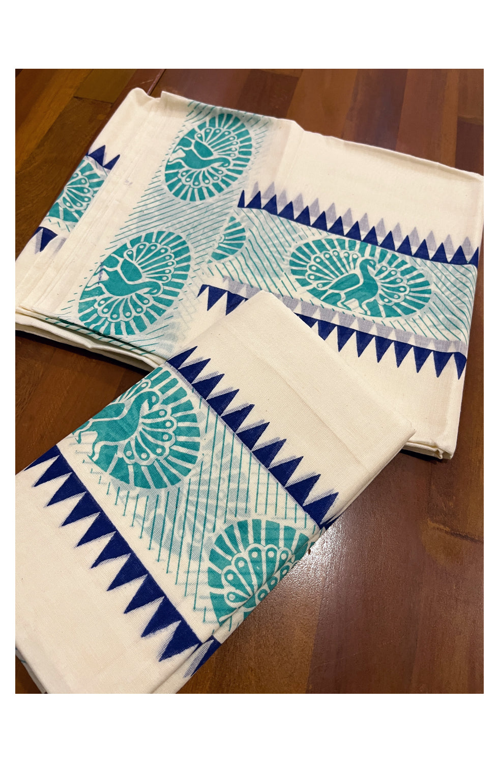 Kerala Cotton Set Mundu (Mundum Neriyathum) with Turquoise Peacock Block Prints and Blue Temple Border