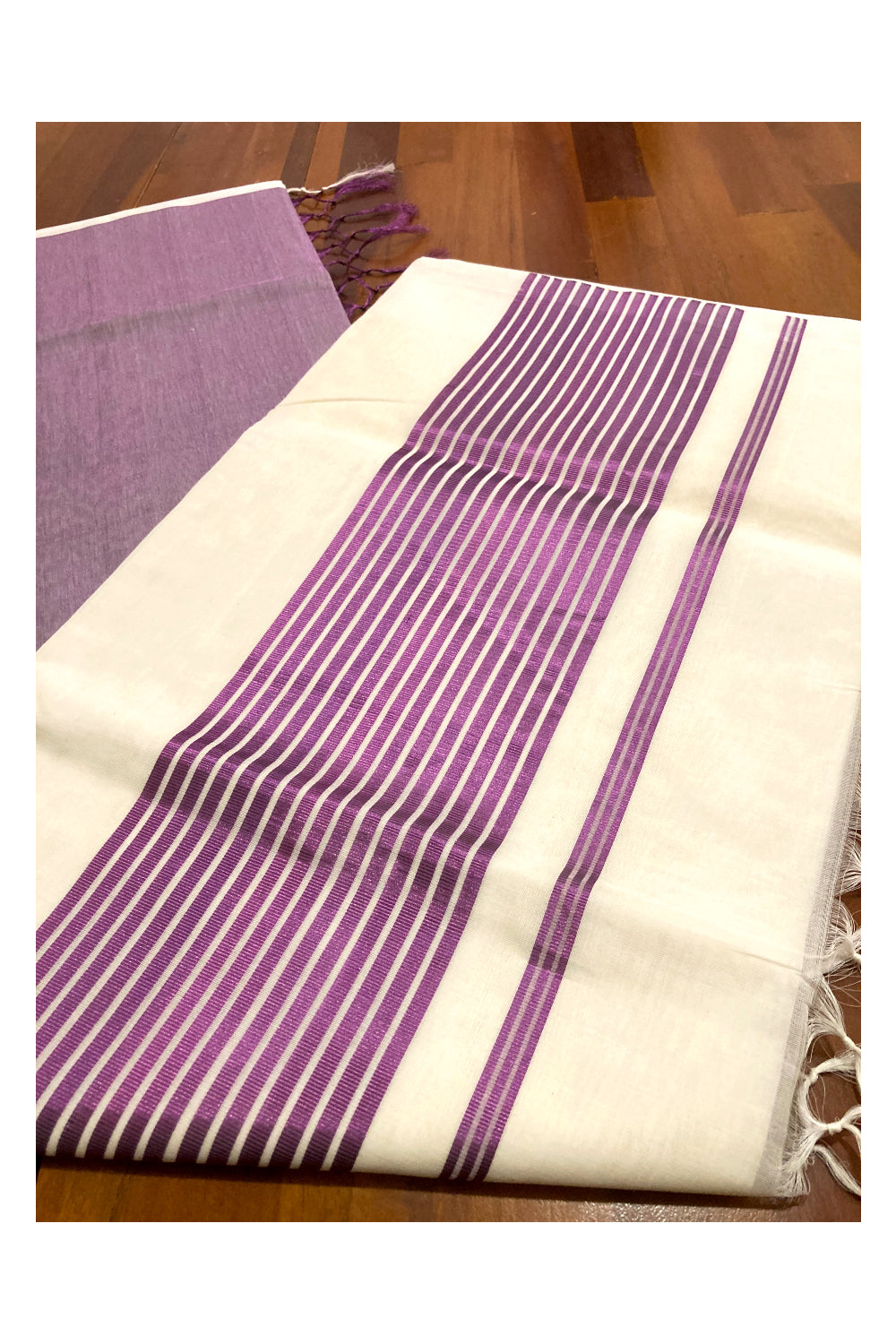 Southloom™ Premium Handloom Half & Half (Cotton / Tissue) Kerala Saree with Violet Kasavu Pallu