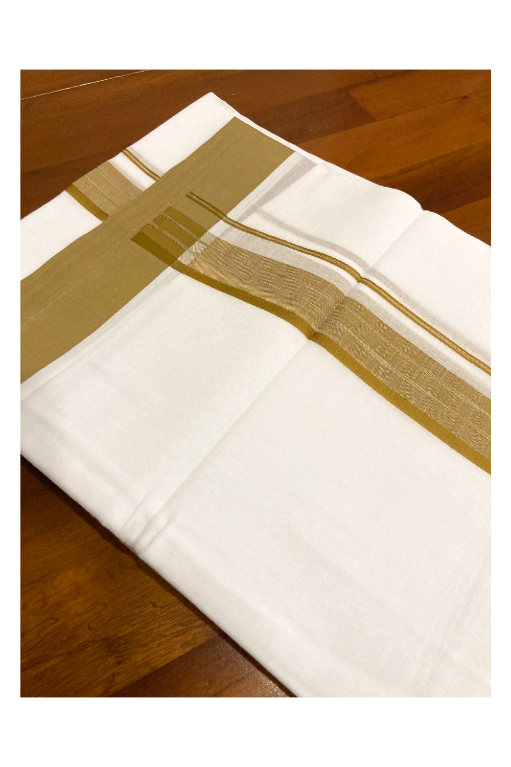 Pure White Cotton Double Mundu with Olive Green Border (South Indian Dhoti)