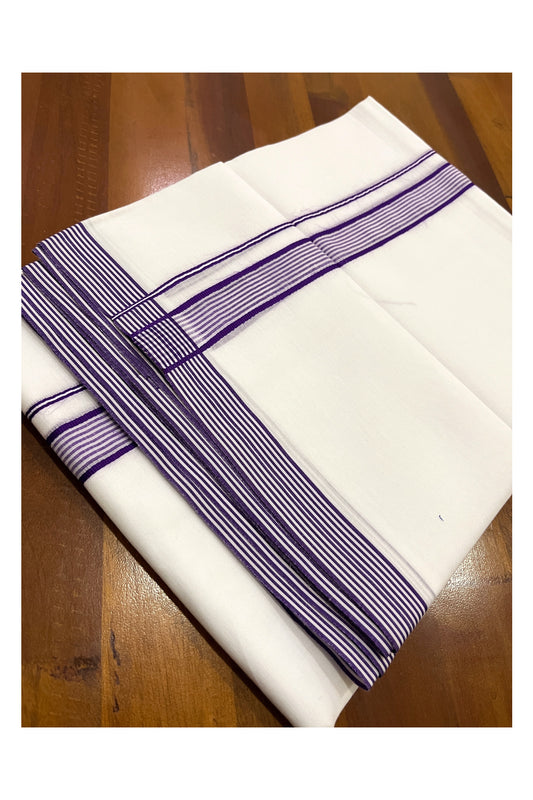 Pure White Cotton Double Mundu with Violet Lines Border (South Indian Dhoti)