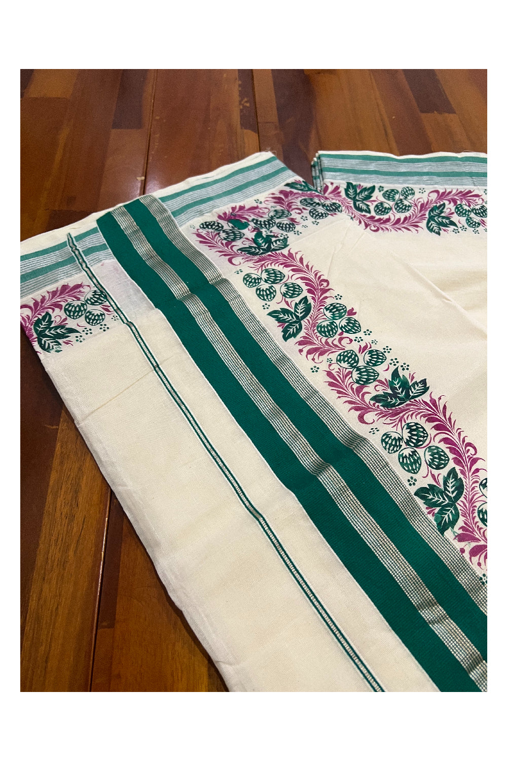 Pure Cotton Kerala Silver Kasavu Saree with Green and Magenta Floral Block Printed Design