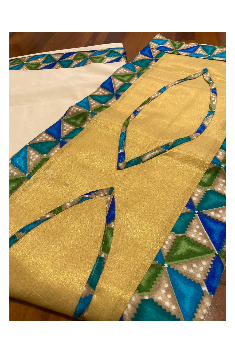 Southloom Kerala Pure Cotton Fusion Art Border Saree with Green Brown Blue Border