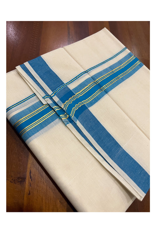 Pure Cotton Double Mundu with Kasavu Blue Kara (South Indian Dhoti)