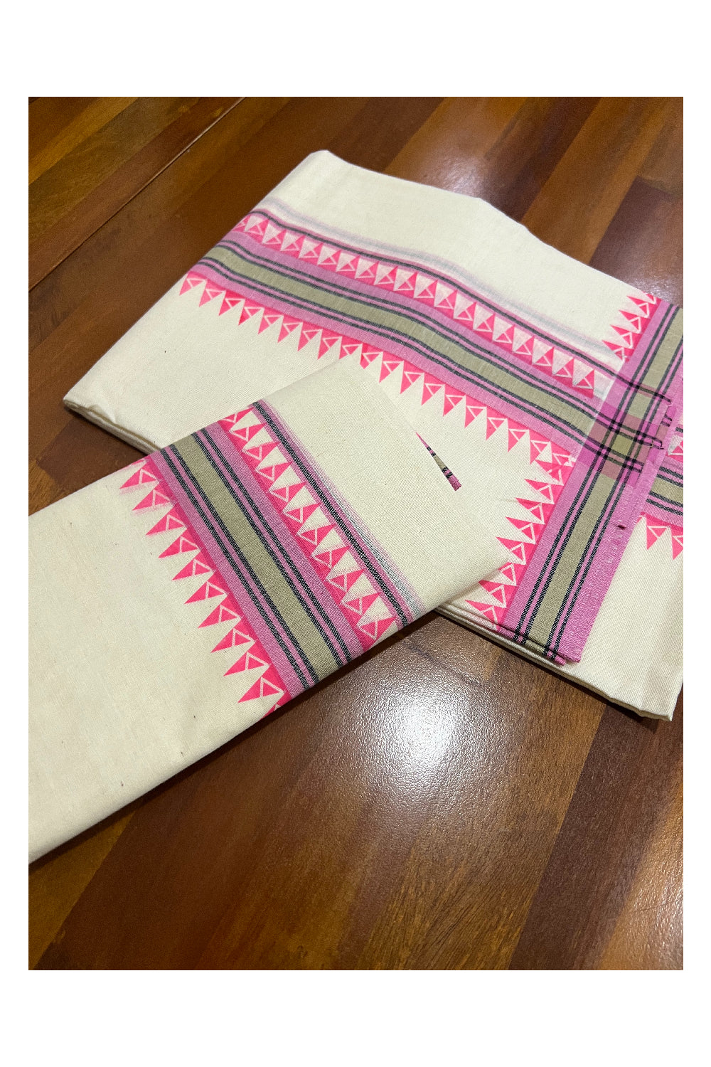 Kerala Cotton Mulloth Mundum Neriyathum Single (Set Mundu) with Pink Temple Block Prints on Green and Pink Border (Extra Soft Cotton)