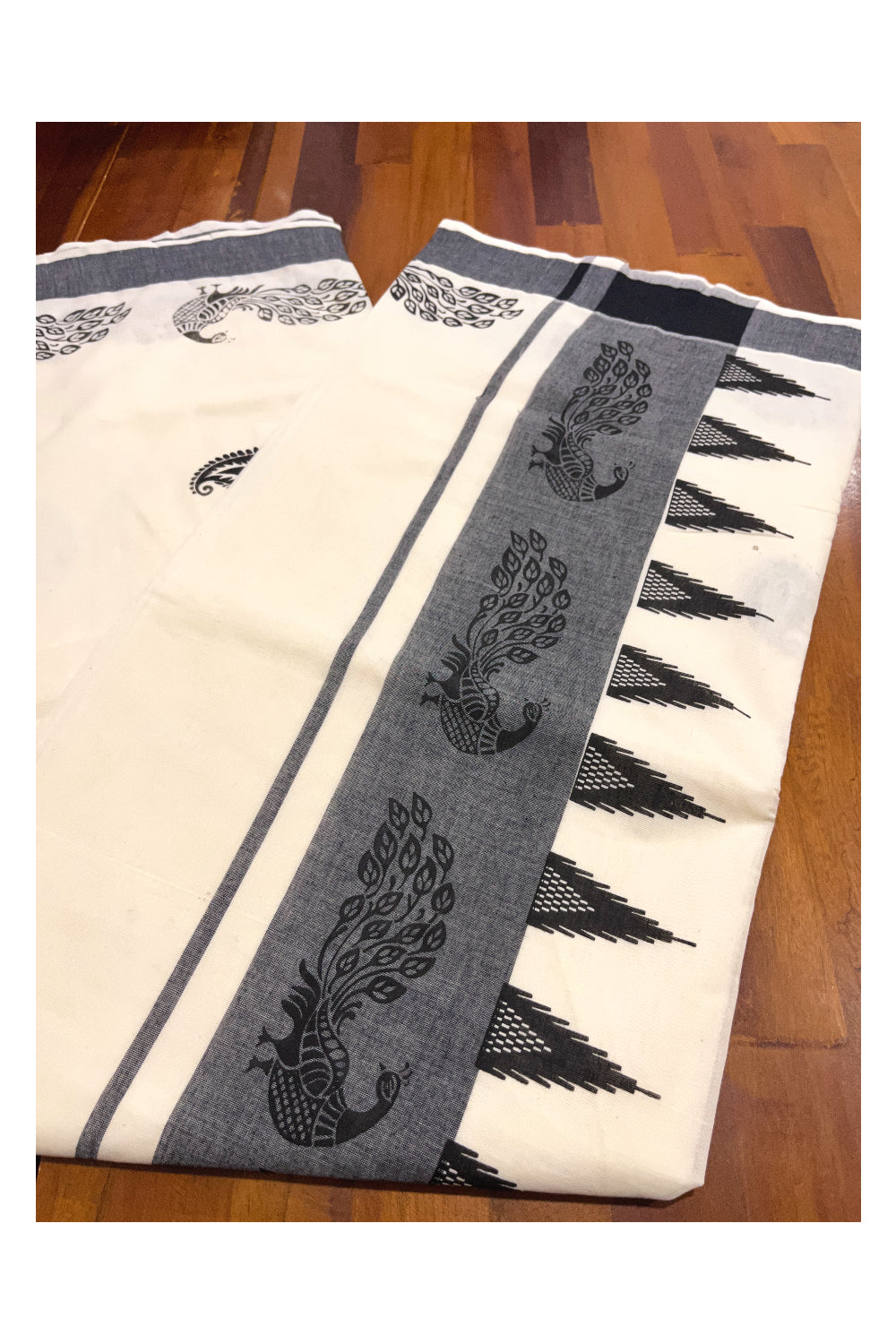 Pure Cotton Kerala Saree with Black Peacock Temple Block Printed Border (Vishu Saree 2023)