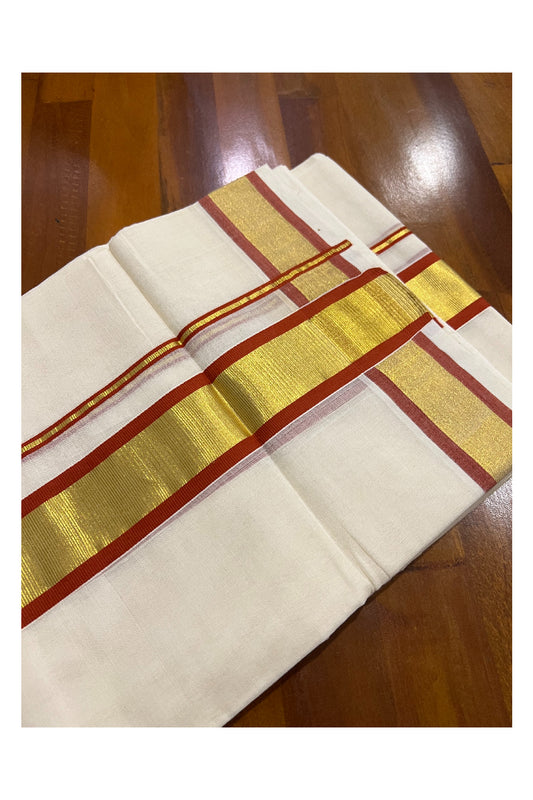 Southloom Kuthampully Handloom Pure Cotton Mundu with Orange and Kasavu Border (South Indian Dhoti)