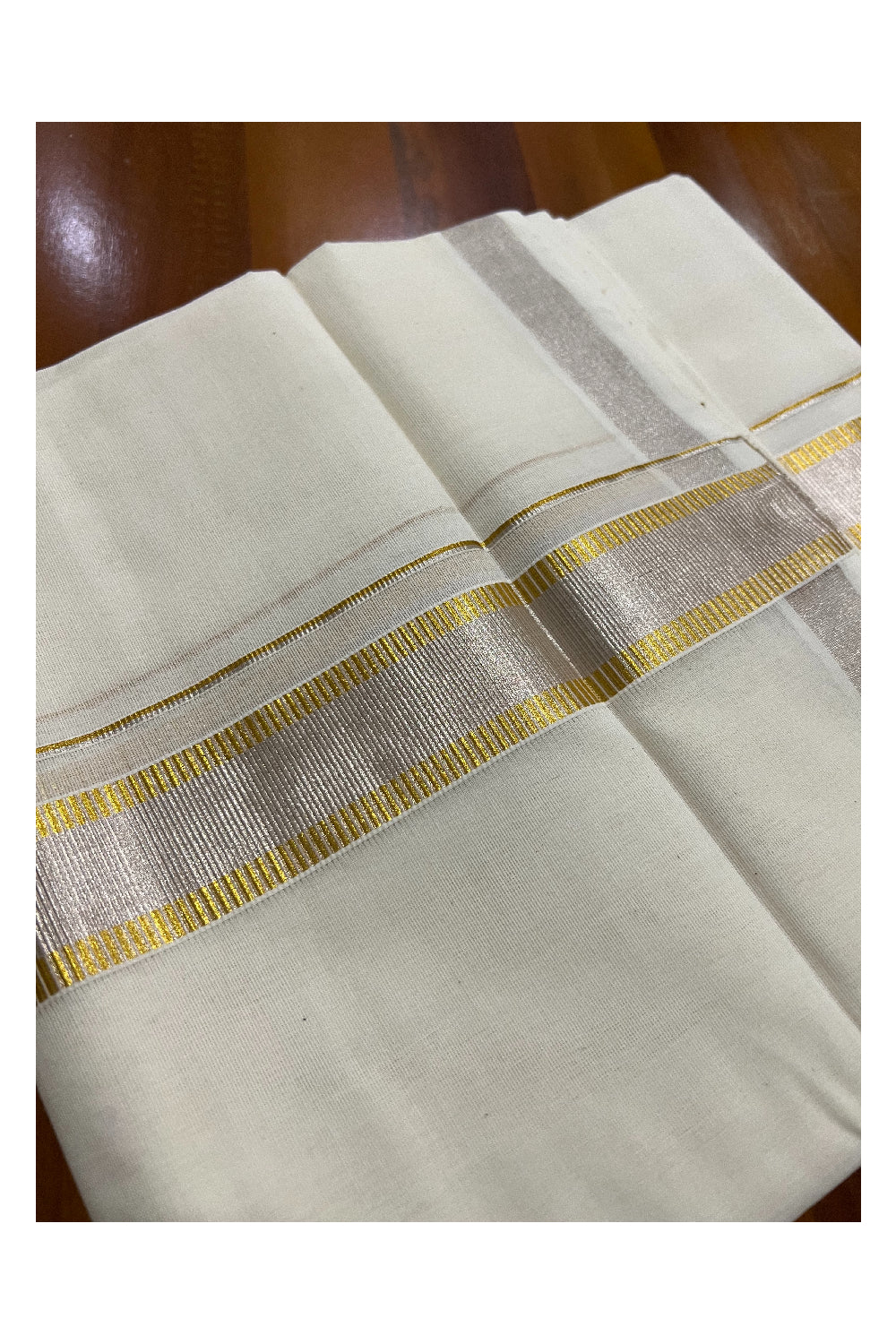 Southloom Premium Handloom Double Mundu with Silver and Golden Kasavu Kara (South Indian Kerala Dhoti)