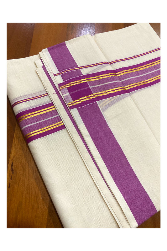 Pure Cotton Double Mundu with Magenta and Kasavu Border (South Indian Kerala Dhoti)