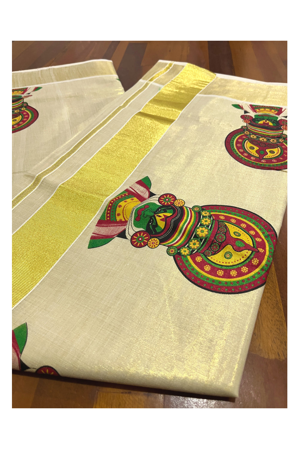 Kerala Tissue Kasavu Saree with Kathakali Mural Printed Design