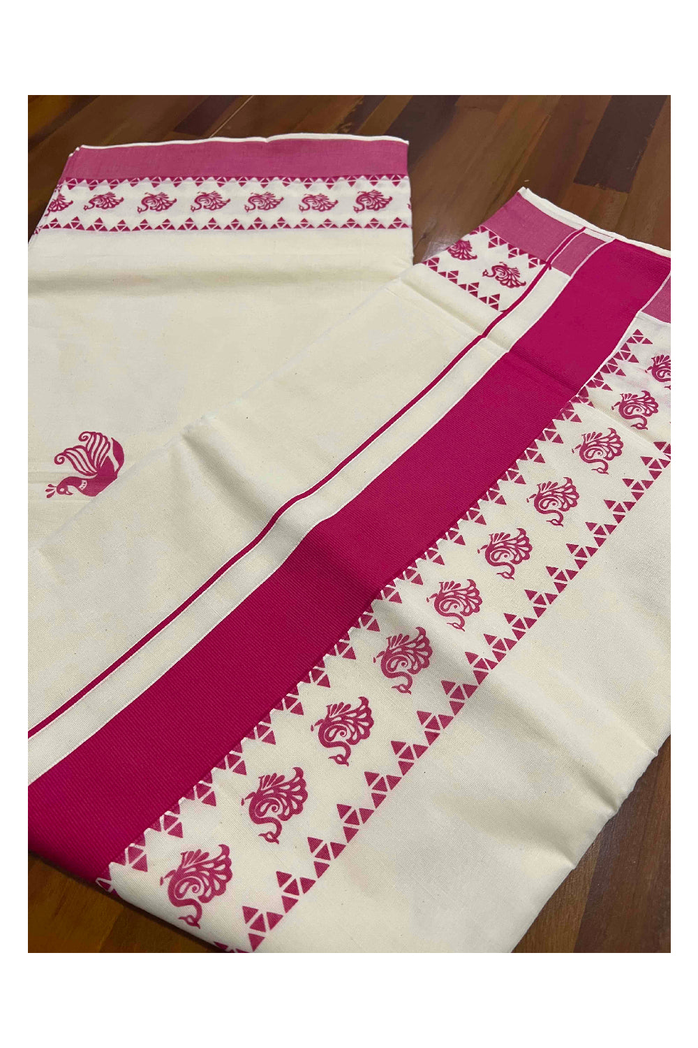 Pure Cotton Kerala Saree with Dark Pink Peacock Block Printed Border