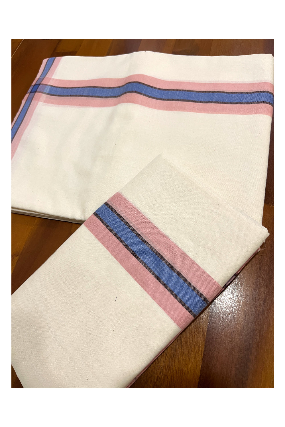 Kerala Cotton Mundum Neriyathum Single (Set Mundu) with Peach and Blue Mulloth Border (Extra Soft Cotton) 2.80 Mtrs