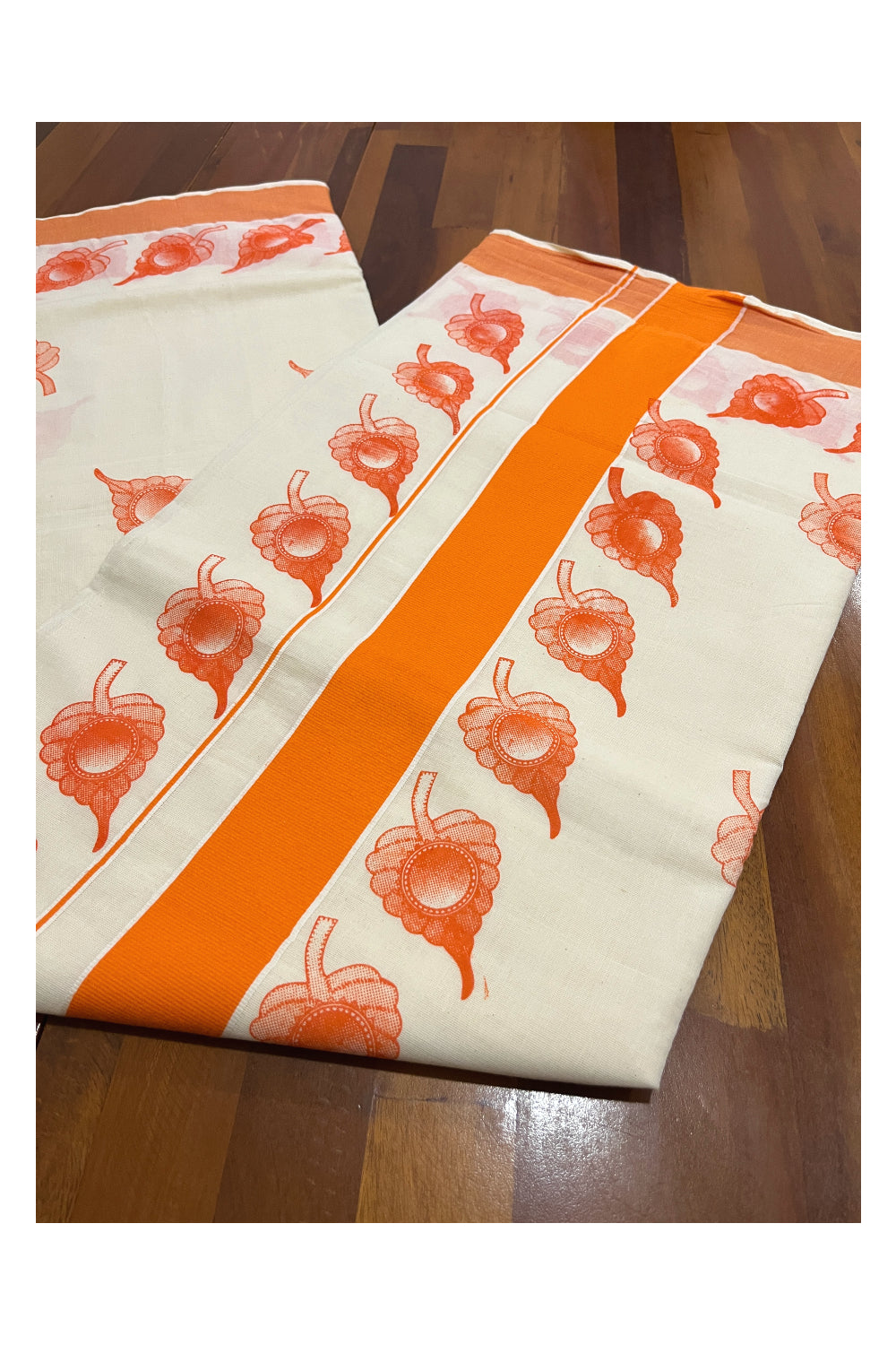 Pure Cotton Kerala Saree with Orange Leaf Block Printed Border