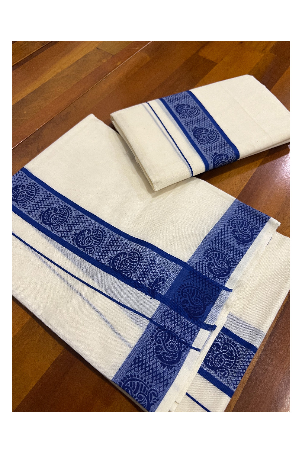 Kerala Cotton Set Mundu (Mundum Neriyathum) with Blue Peacock Block Printed Border