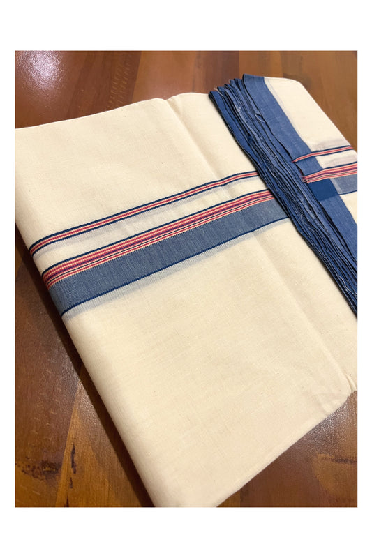 Southloom Premium Handloom Double Mundu with Blue and Red Border