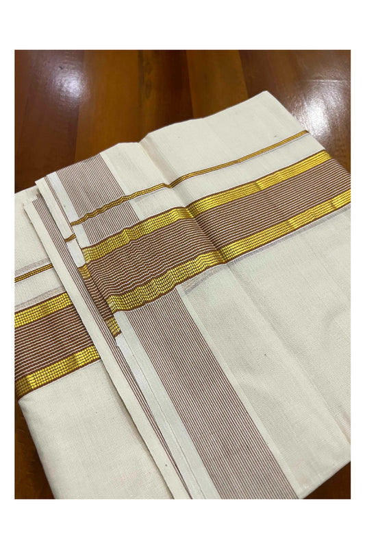 Off White Kerala Double Mundu with Light Brown and Kasavu Border (South Indian Dhoti)