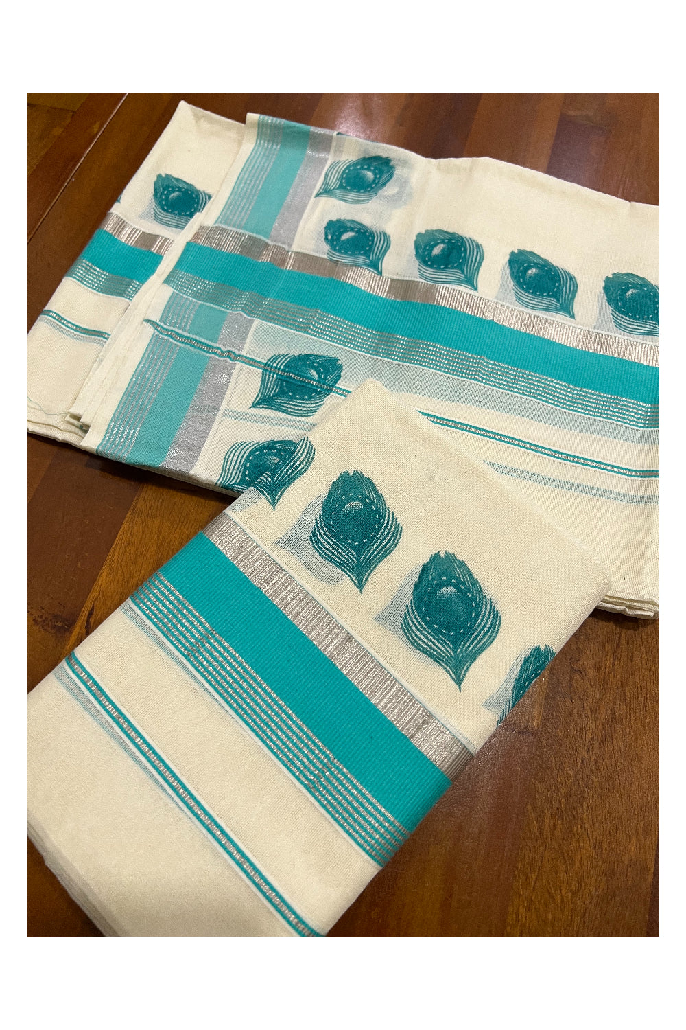 Pure Cotton Silver Kasavu Set Mundu (Mundum Neriyathum) with Turquoise Feather Block Prints on Border
