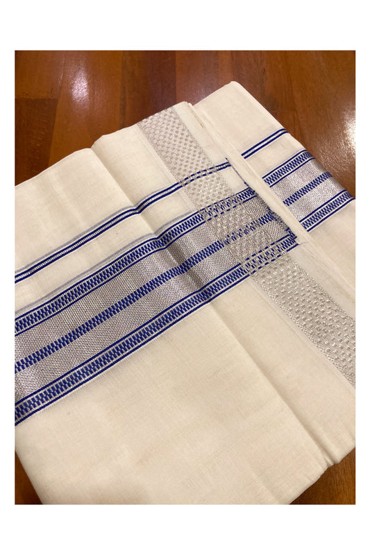 Southloom Premium Handloom Pure Cotton Mundu with Blue and Silver Kasavu Border (South Indian Kerala Dhoti)