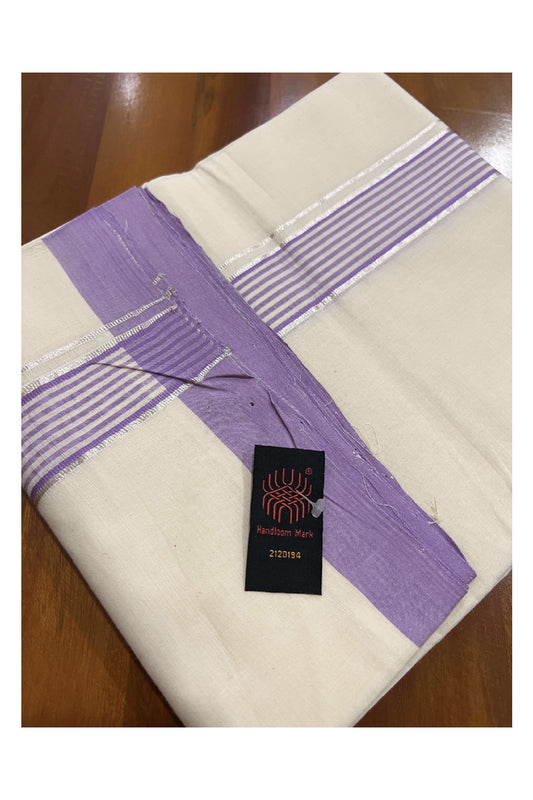 Southloom Balaramapuram Pure Cotton Handloom Mundu with Silver Kasavu and Violet Lines Border