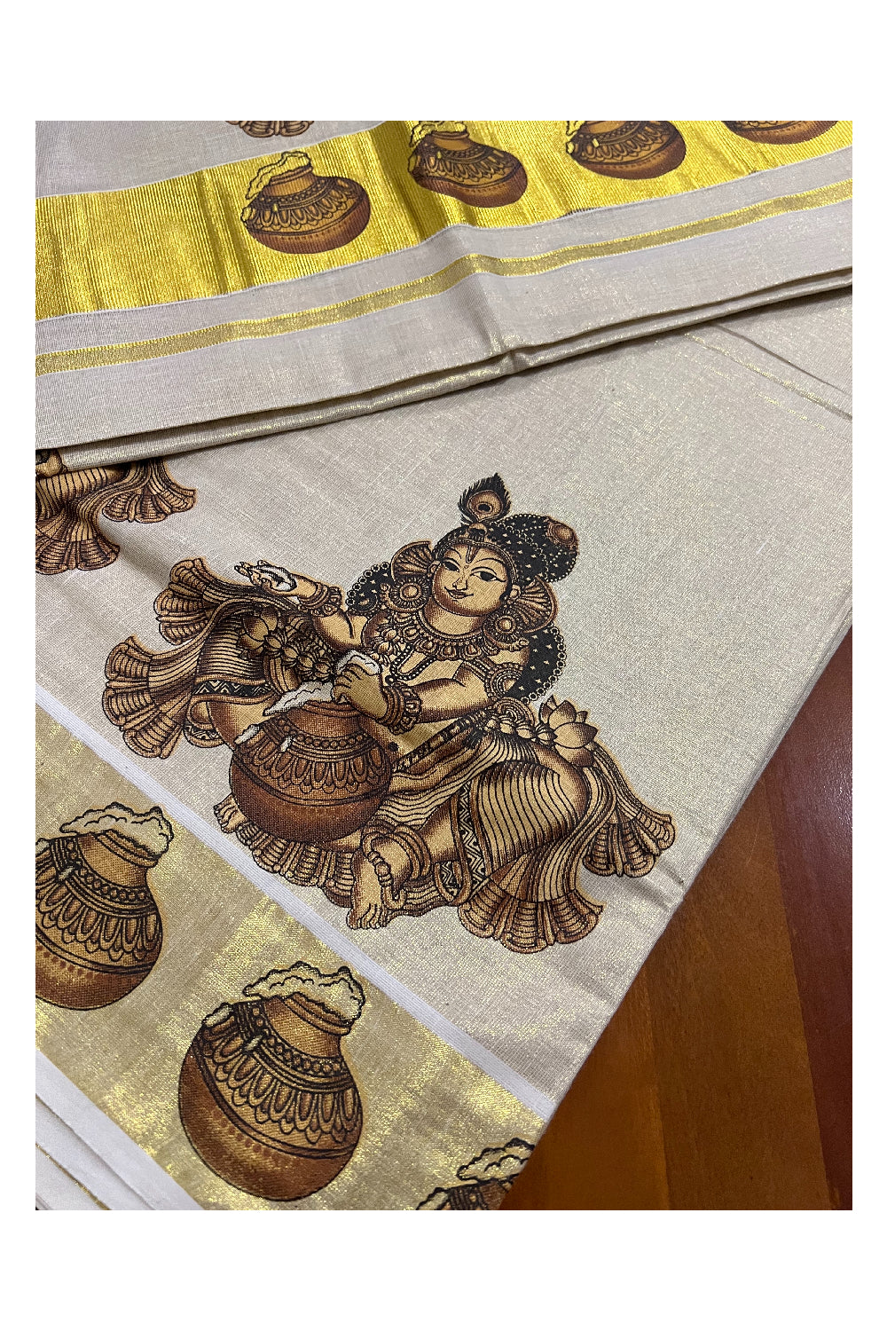 Kerala Tissue Kasavu Saree With Mural Krishna Design and Printed Border