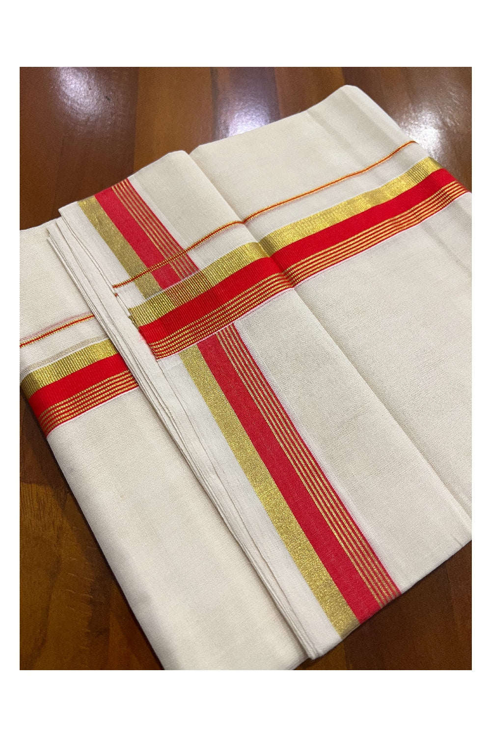 Southloom Balaramapuram Handloom Pure Cotton Mundu with Orangish Red and Kasavu Border (South Indian Dhoti)