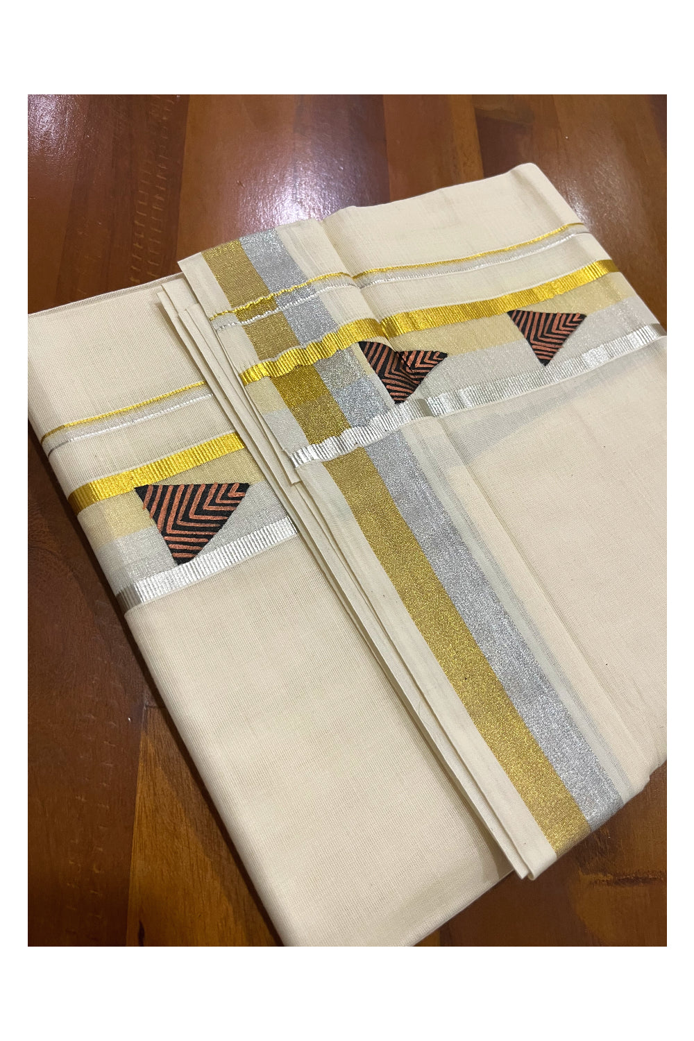 Off White Pure Cotton Double Mundu with Mural Hand Painted Design on Silver and Golden Kasavu Kara (South Indian Dhoti)