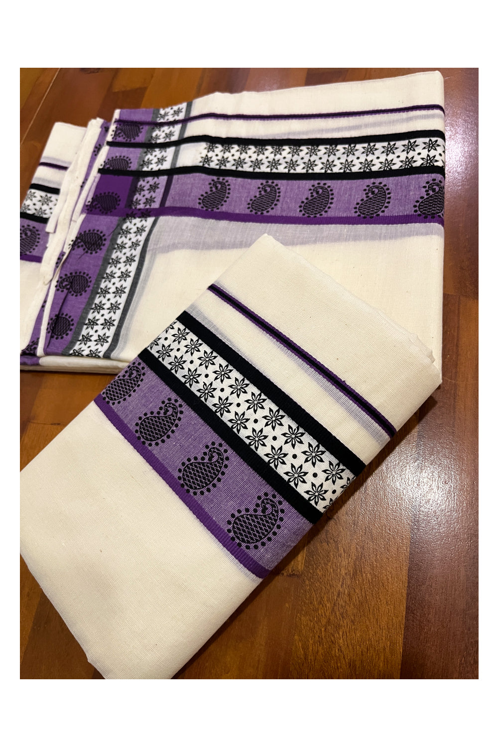 Kerala Cotton Single Set Mundu (Mundum Neriyathum) with Violet Black Block Prints on Border