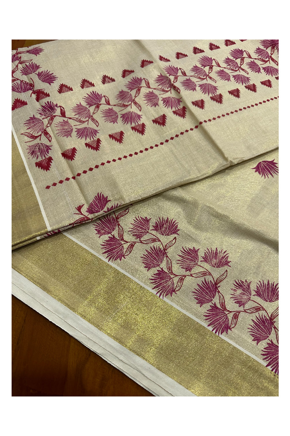 Kerala Tissue Kasavu Saree with Maroon Floral Block Printed Design Border