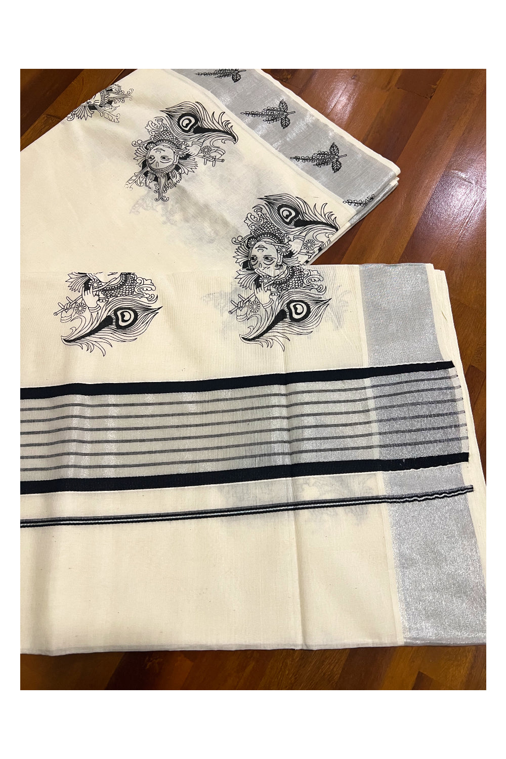 Pure Cotton Kerala Silver Kasavu and Black Border Saree with Krishna and Feather Block Prints