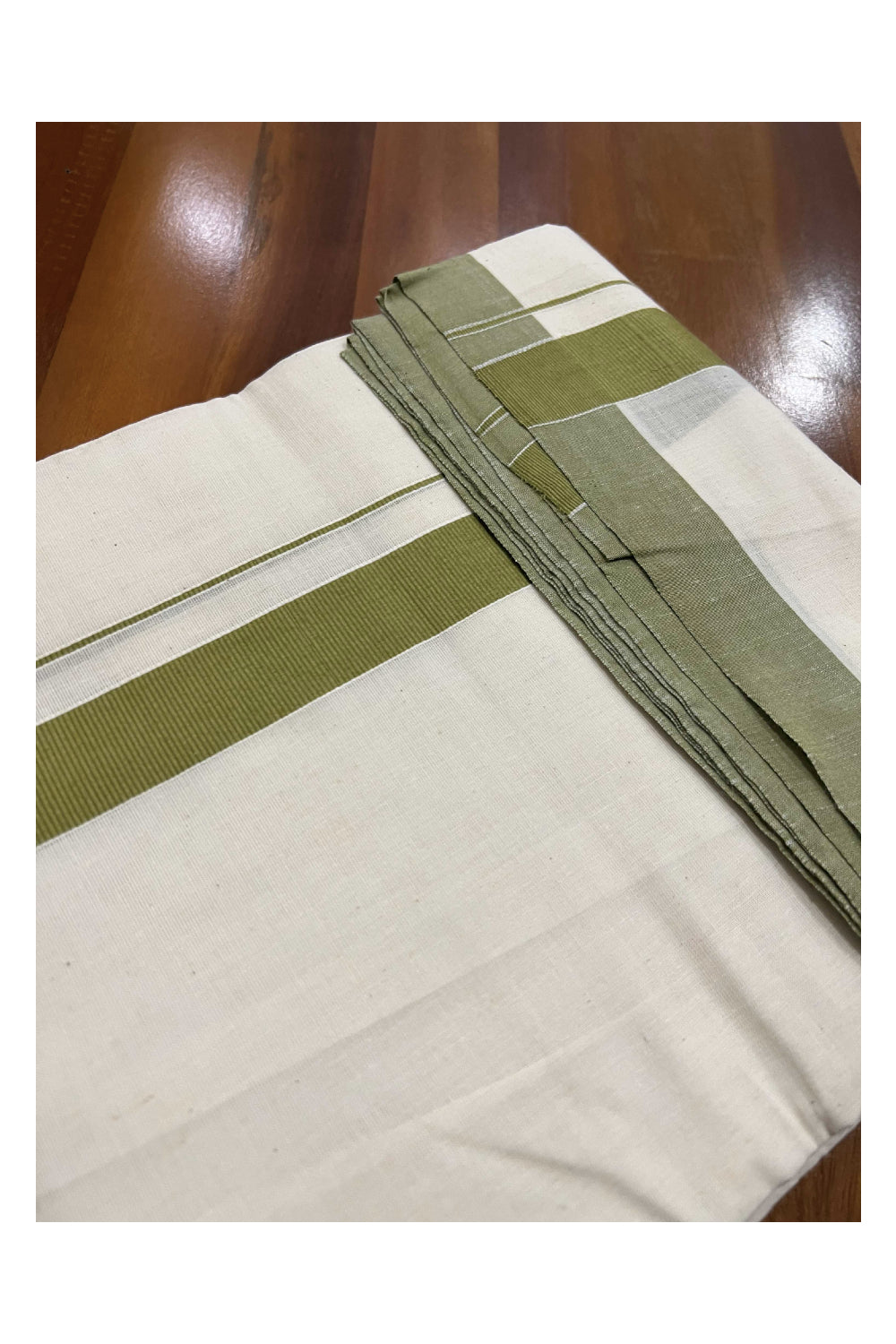 Off White Pure Cotton Double Mundu with Olive Green Kara (South Indian Dhoti)