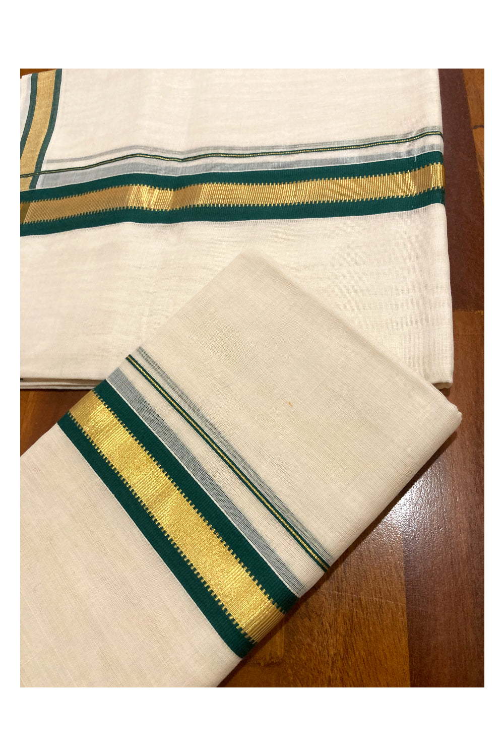 Southloom Premium Handloom Single Set Mundu with Kasavu and Green Border