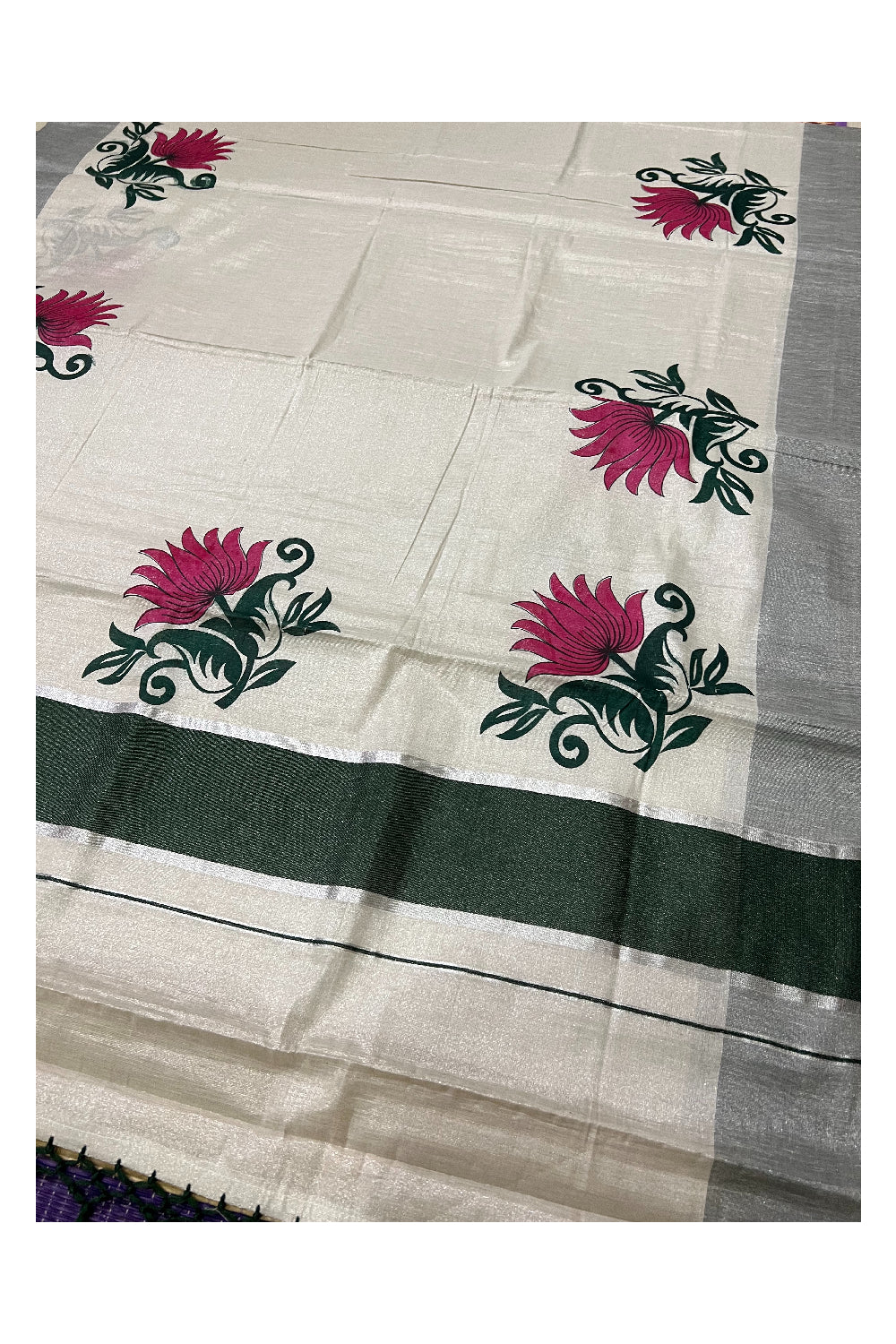 Kerala Tissue Kasavu Saree with Dark Green Magenta Mural Floral Design and Tassels on Pallu