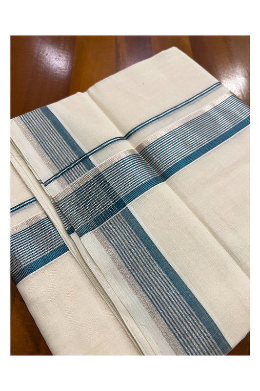 Southloom Kuthampully Handloom Pure Cotton Mundu with Silver and Teal Blue Kasavu Border (South Indian Dhoti)