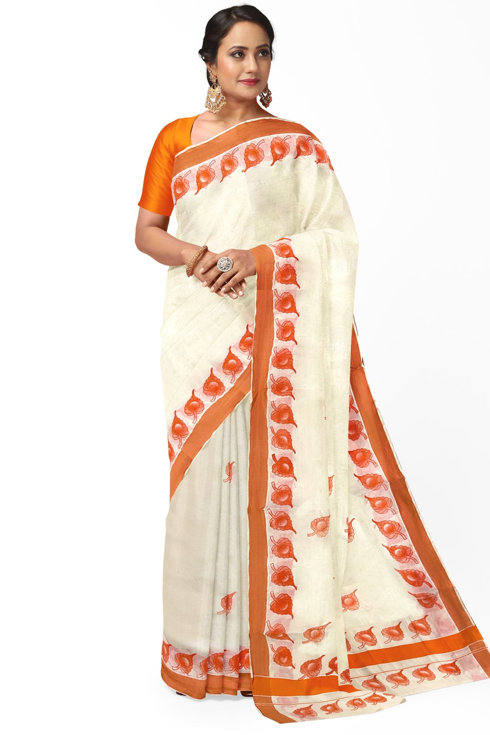 Pure Cotton Kerala Saree with Orange Leaf Block Printed Border