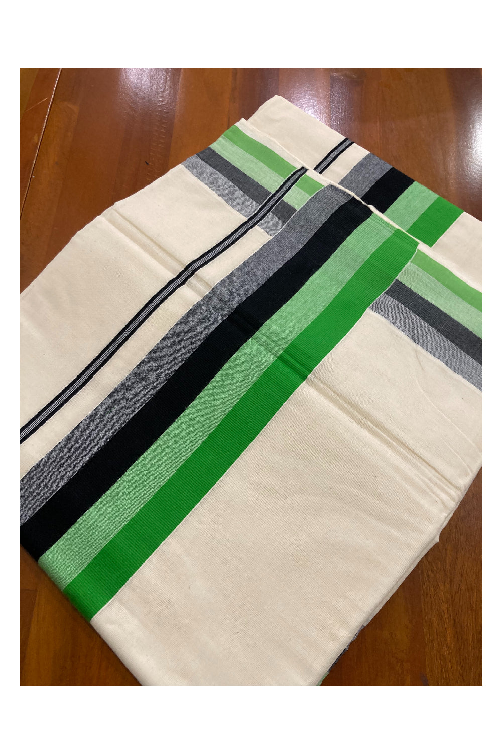 Kerala Cotton Saree with Green and Black Lines Border Design